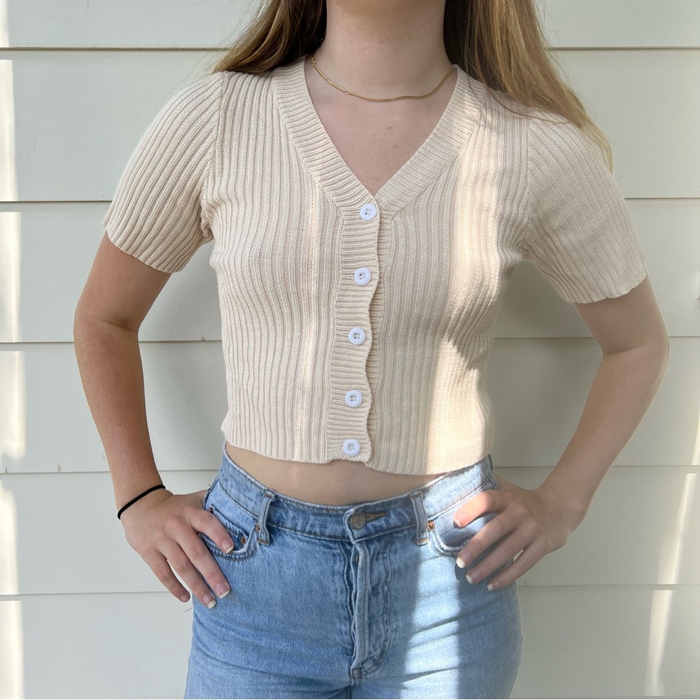 Cream button down cropped sweater